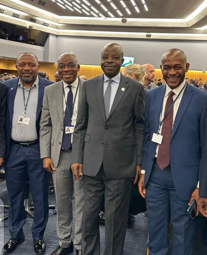 L-R: Director, Marine Environment Management, Nigerian Maritime Administration and Safety Agency (NIMASA), Mr. Heaky Dimowo; Special Adviser Policy to Director General, NIMASA, Mr. Suleiman Abdulsalam; Secretary General of the International Maritime Organisation (IMO). Mr. Kitack Lim and Nigeria’s Alternate Permanent Representative to the International Maritime Organisation (IMO); Mr. Dirisu Abdulmumini during IMO MEPC 80, in London.